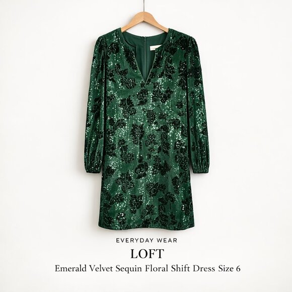 LOFT Dresses & Skirts - LOFT Emerald Green Velvet Sequin Floral Shift Dress Size 6 WI23